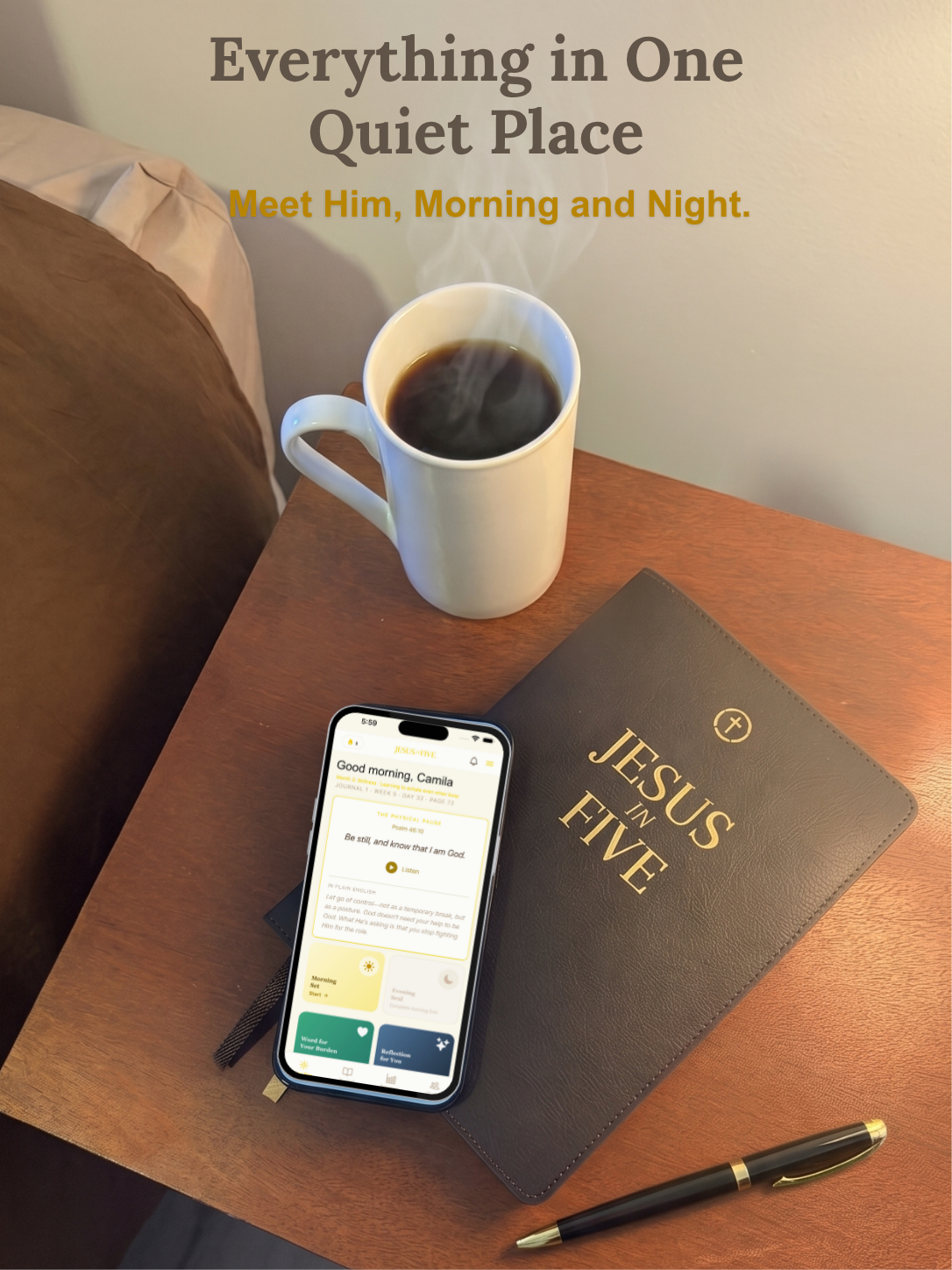 Cup of coffee, smartphone, and 'Jesus in Five' book on a wooden table with text overlay.
