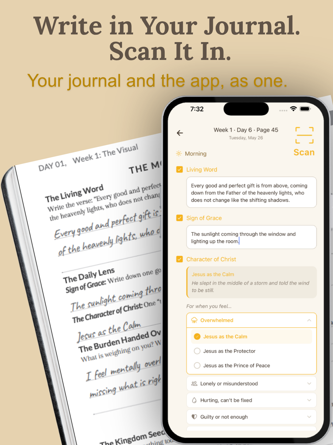 Phone app interface for journaling with text and app interface on screen