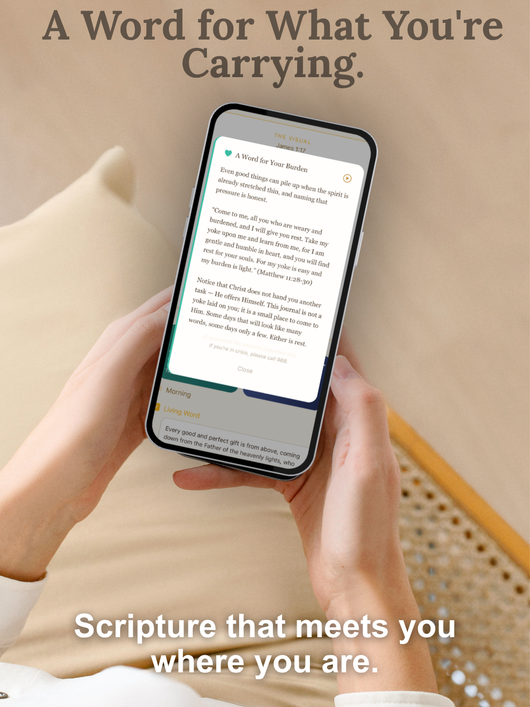 Person holding a smartphone with an app open, sitting on a couch.
