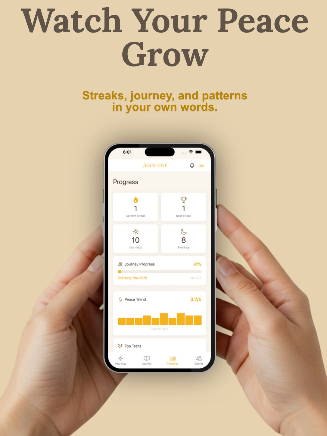 Phone displaying an app with 'Watch Your Peace Grow' text on a beige background