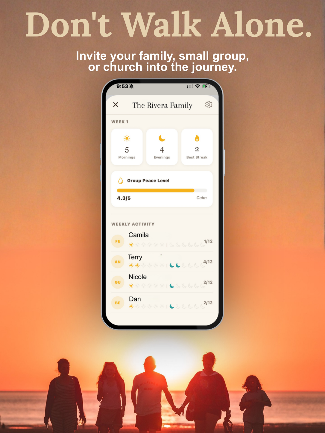 Phone screen displaying an app interface with a sunset and people holding hands in the background.