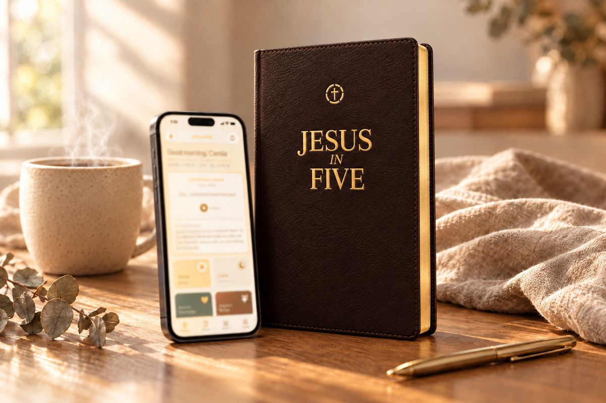 Jesus in Five journal and companion app on a morning table